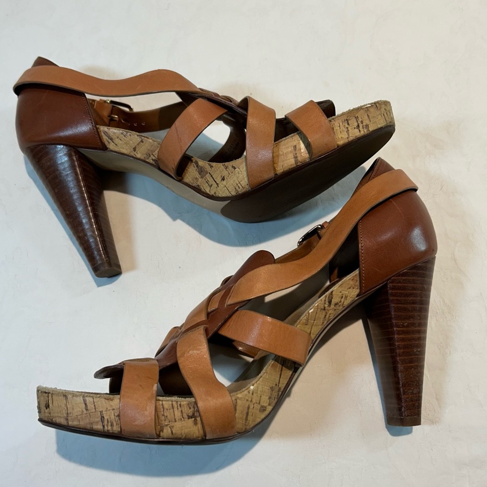 Cole Haan Sz 10 Jocelyn Strappy High Heeled Sandals Leather Brown Tan Wood Heel - Picture 4 of 10